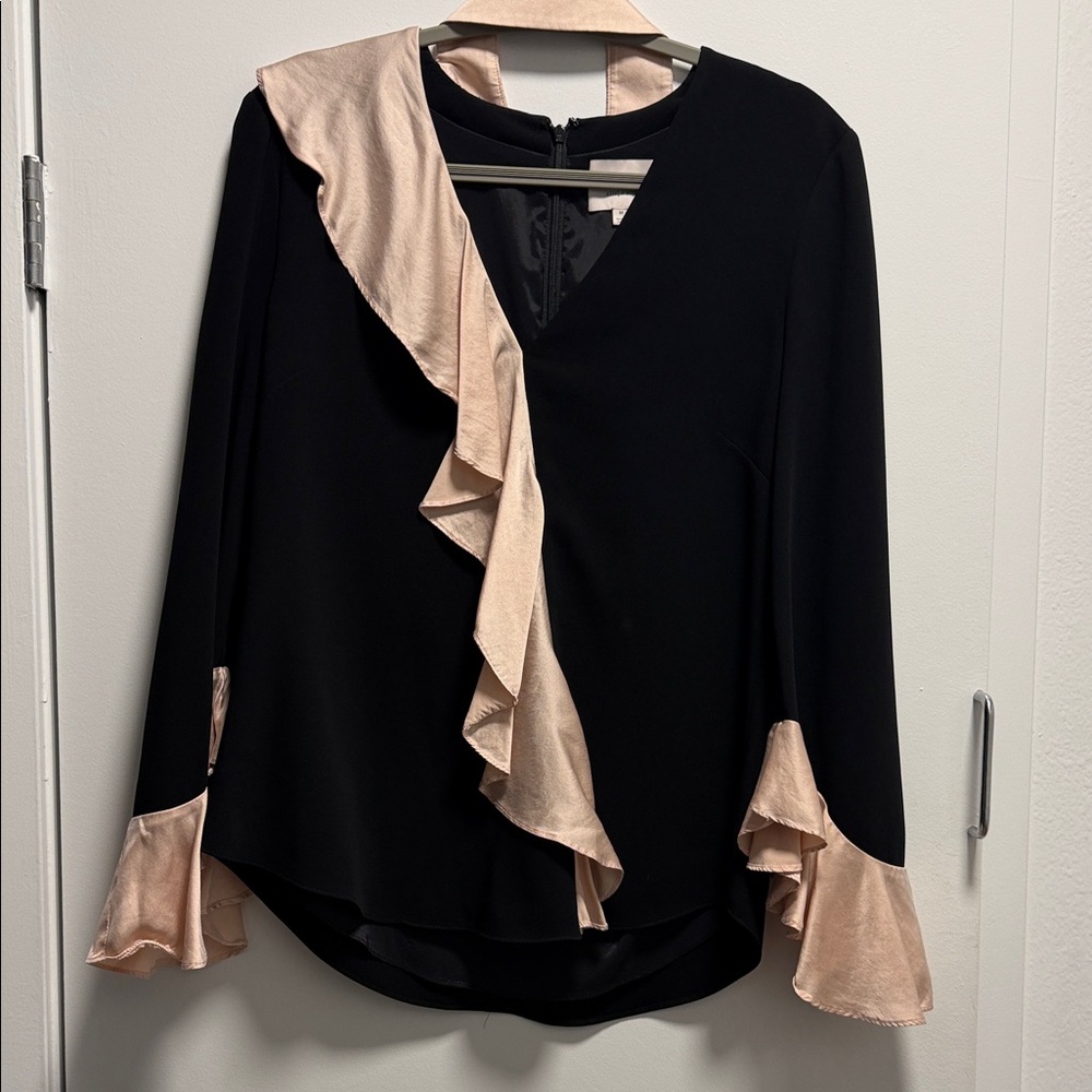 Cinq a Sept Elegant Black and Pink Ruffle Blouse